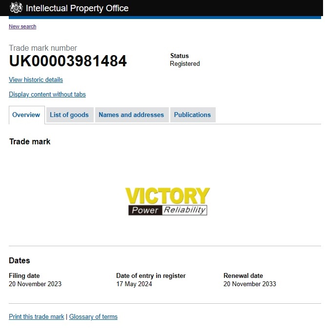 Trade Mark - Victory Power Reliability Registered Successfully in UK